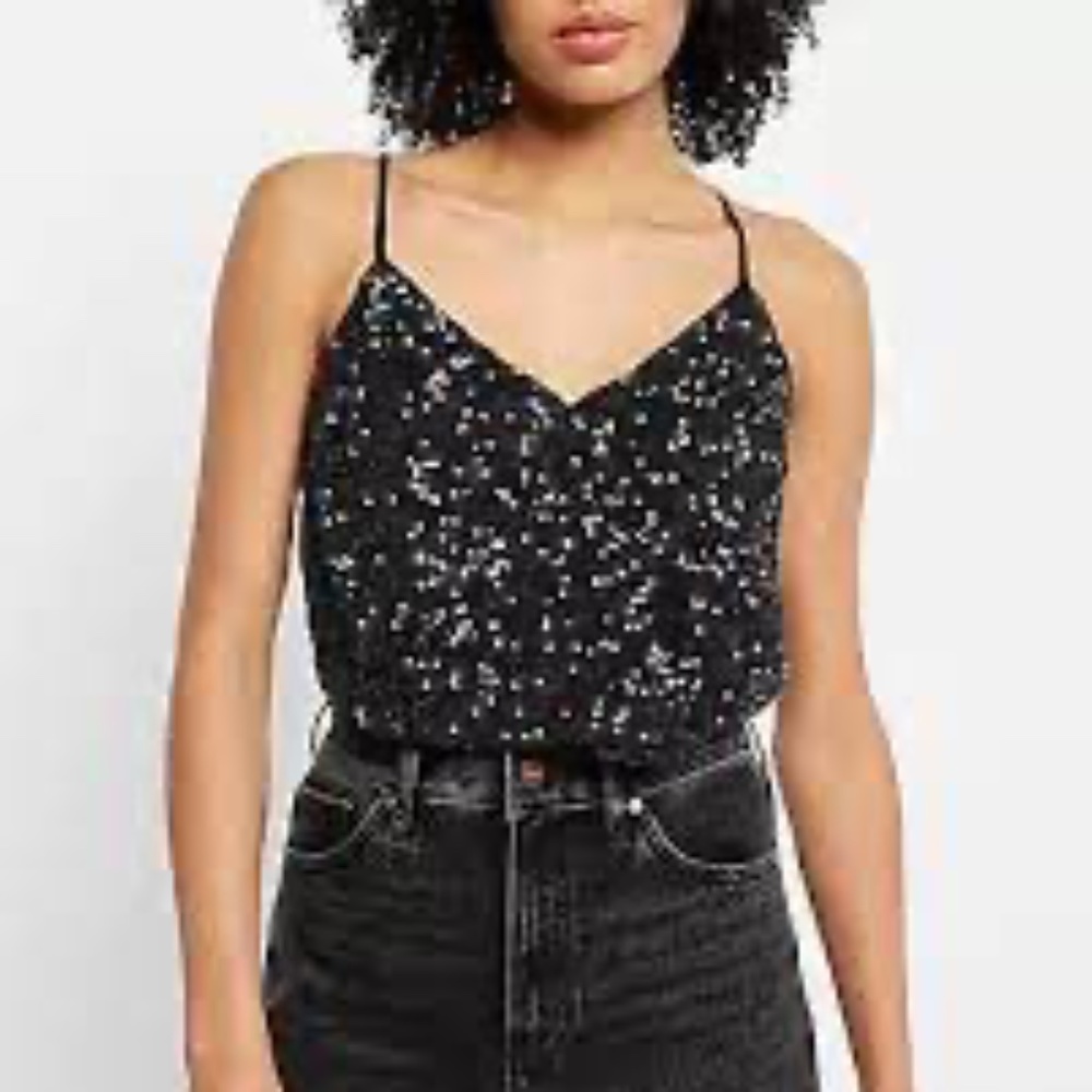 NEW NWT Express Sequin Faux Wrap Thong Bodysuit. Black. Small